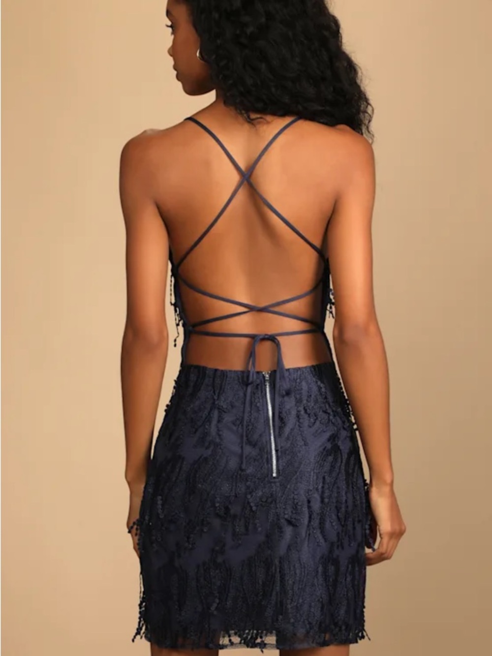 Lulu’s Making Magic Navy Blue Fringe Lace-Up Mini Dress - Picture 2 of 14
